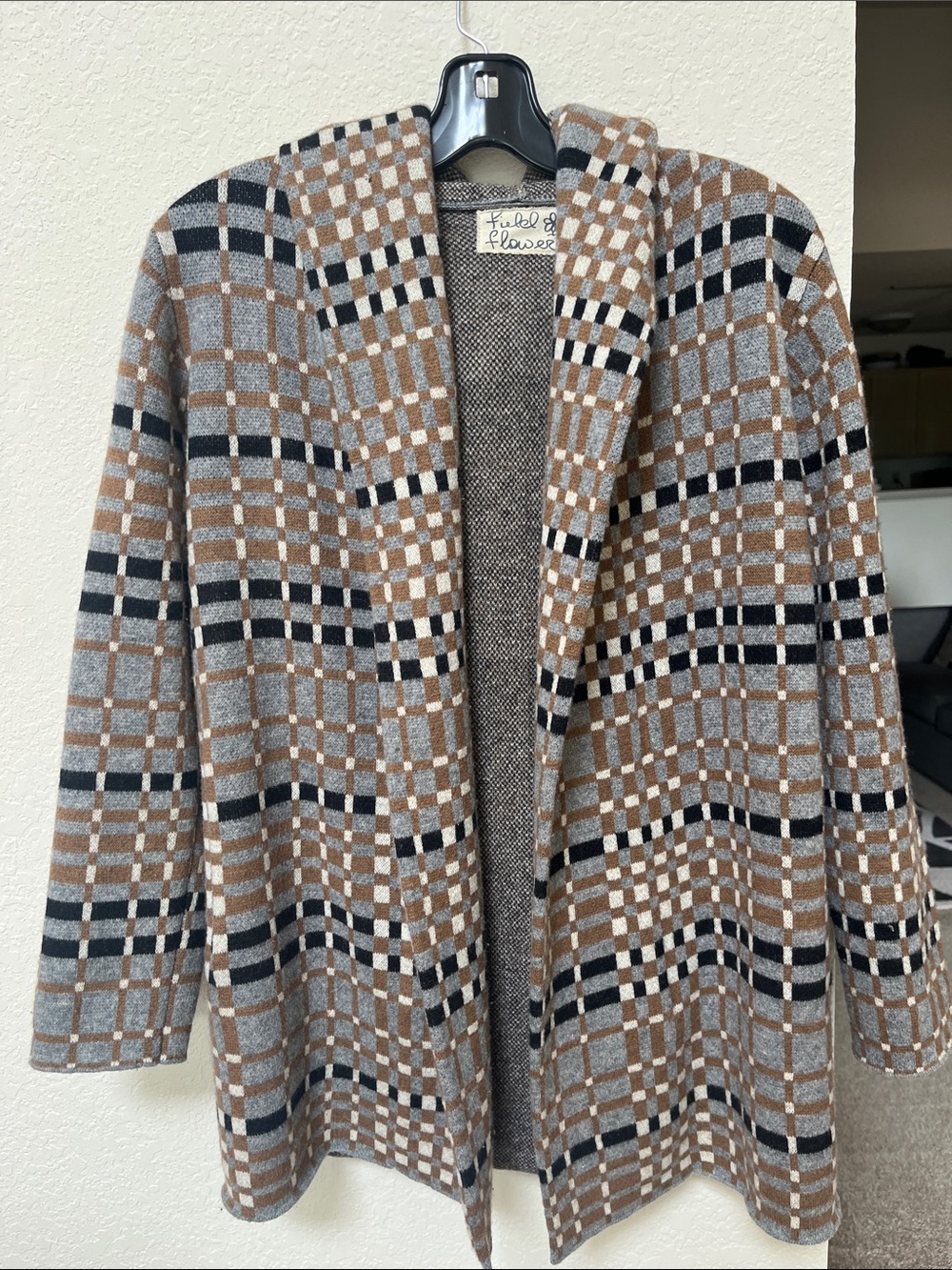 Anthropologie Hooded Open Plaid Knit Cardigan Jacket